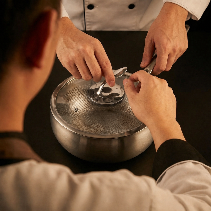 Hand-Hammered Titanium Cookware Set with 3 Lids (10, 11 and 12 inch)