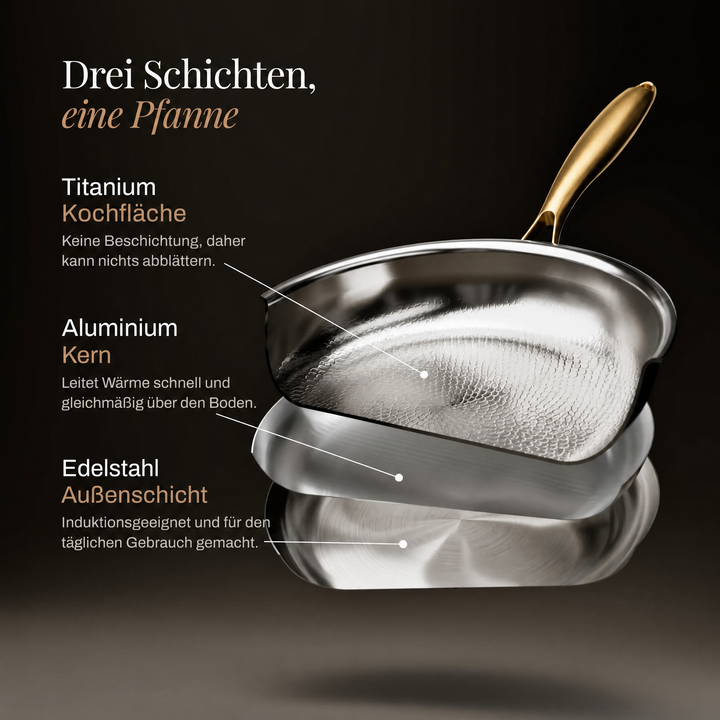 Hand-hammered titanium frying pan with coating-free surface