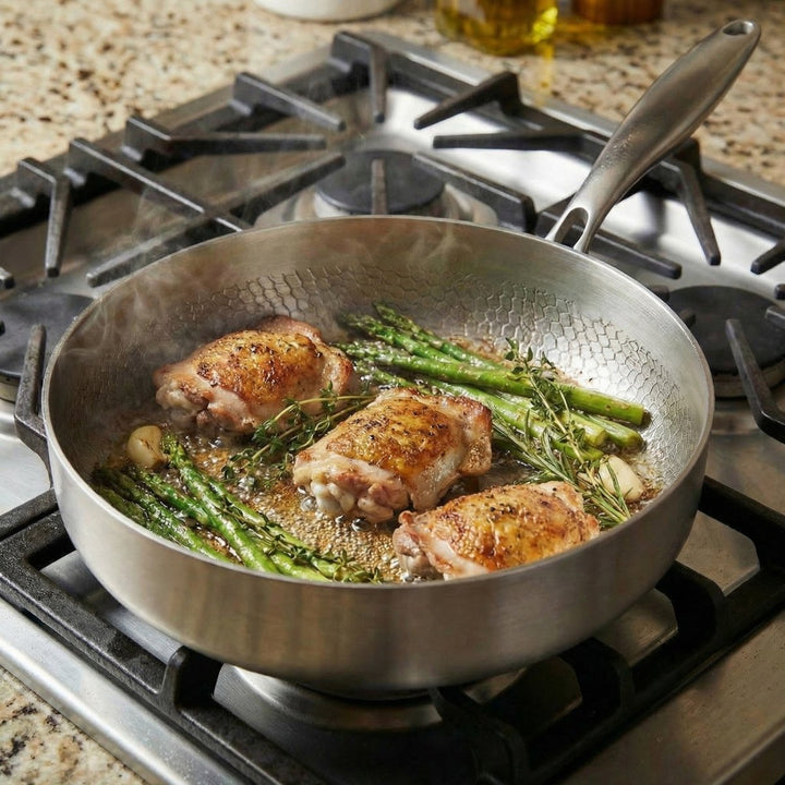 Hammered titanium frying pan with high sides