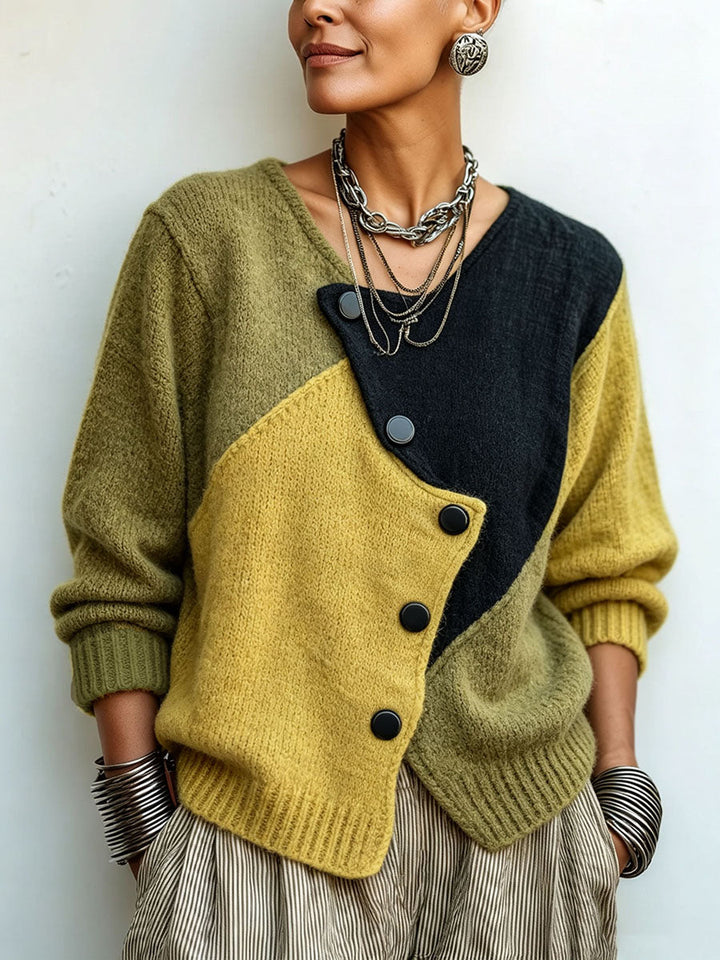 Women's Color-Block Knitted Sweater with Asymmetric Buttons, Relaxed Fit