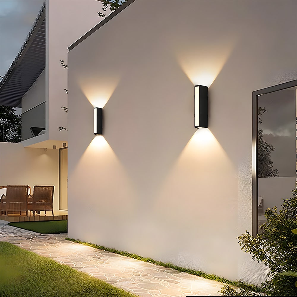 Outdoor Wall Sconce with Up and Down LED Lighting and Modern Architectural Design