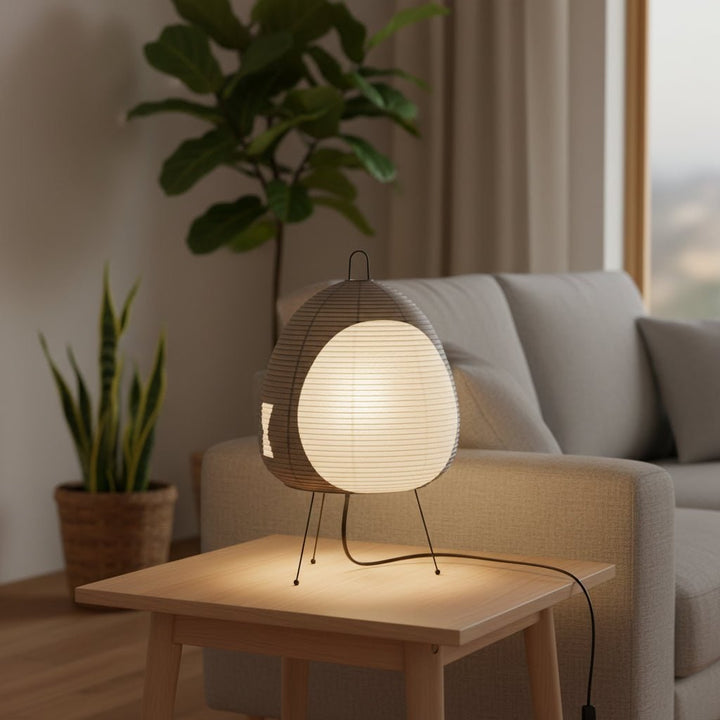 Paper Table Lamp with Tripod Base Japanese Rice Shade and Warm Diffused Light