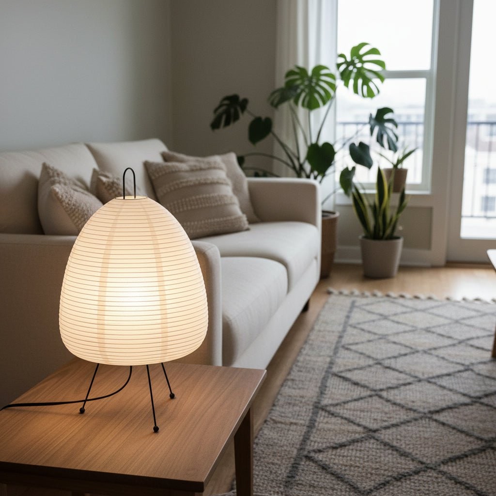 Paper Table Lamp with Tripod Base Japanese Rice Shade and Warm Diffused Light
