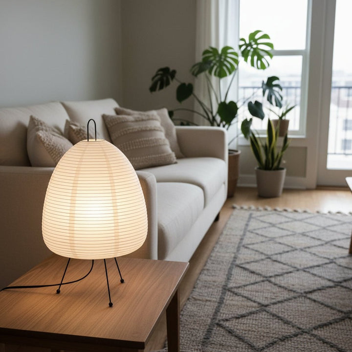 Paper Table Lamp with Tripod Base Japanese Rice Shade and Warm Diffused Light