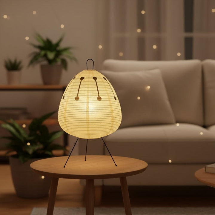 Paper Table Lamp with Tripod Base Japanese Rice Shade and Warm Diffused Light