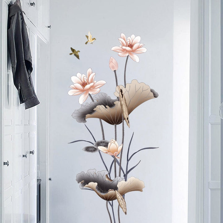 Peel and Stick Wall Decal Sticker with Lotus Flower and Birds Design Waterproof Vinyl Art
