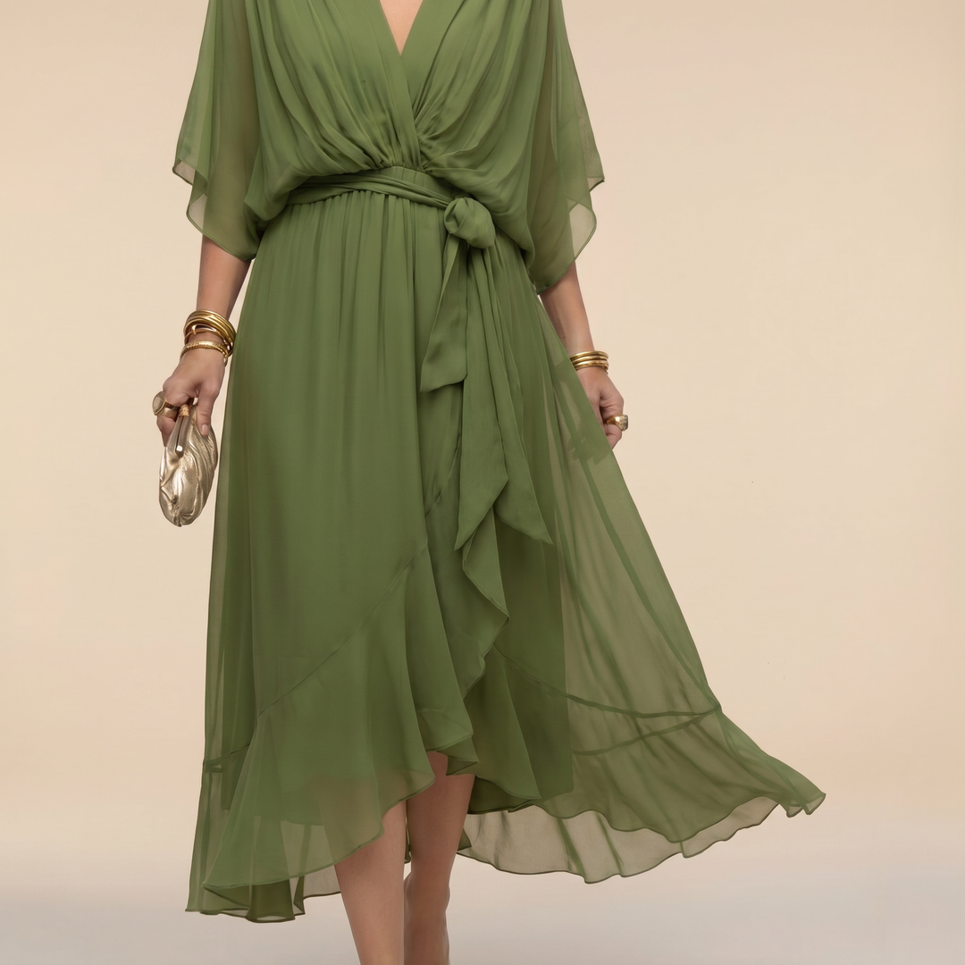 Women's Midi Wrap Dress with V-Neck and 3/4 Sleeves