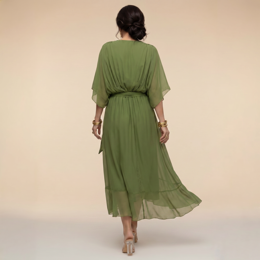 Women's Midi Wrap Dress with V-Neck and 3/4 Sleeves