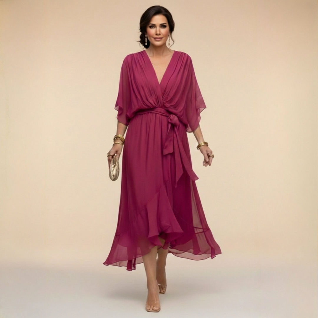 Women's Midi Wrap Dress with V-Neck and 3/4 Sleeves