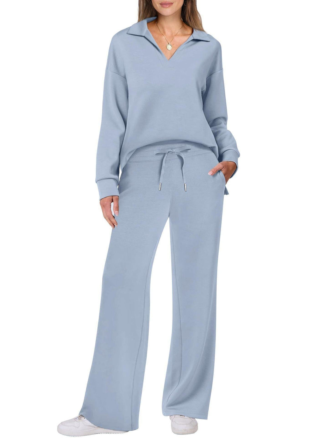 Women's Loungewear Set with V-Neck Sweatshirt and Wide Comfy Pants