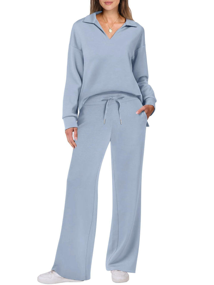 Women's Loungewear Set with V-Neck Sweatshirt and Wide Comfy Pants