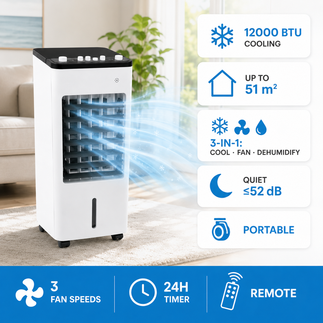 Portable Air Conditioner and Cooler with Evaporative Cooling Fan and Humidifier Function