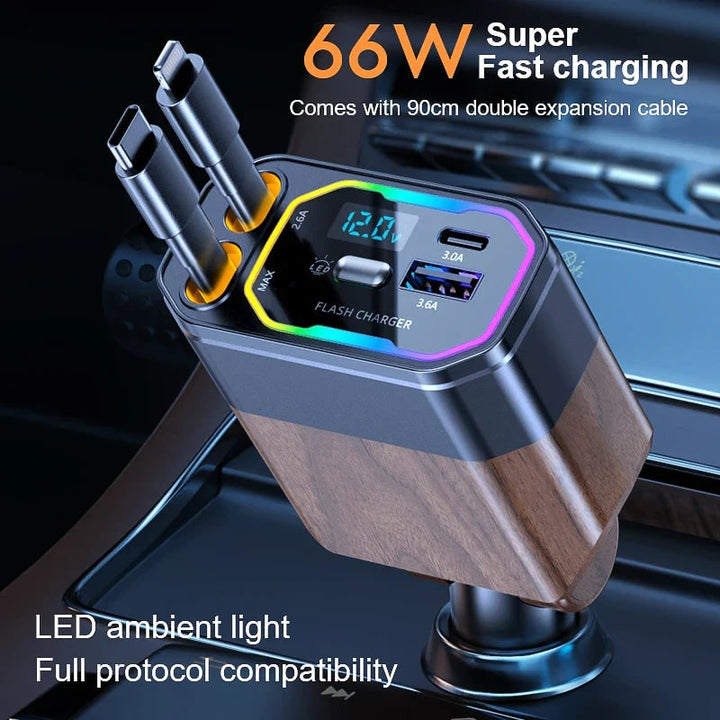 Retractable Car Phone Charger with Dual Usb-C and Fast Charging for Portable Devices