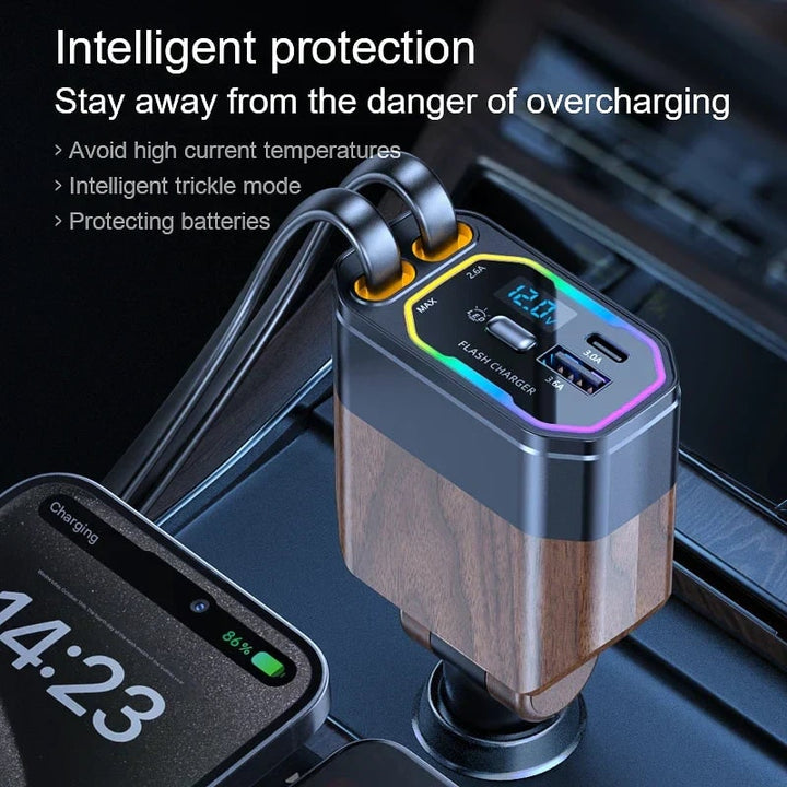 Retractable Car Phone Charger with Dual Usb-C and Fast Charging for Portable Devices