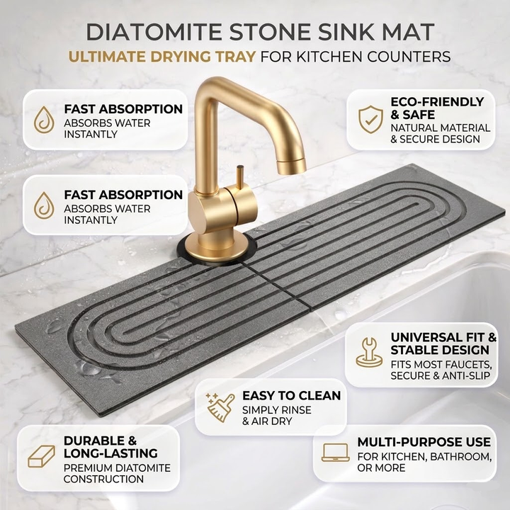 Sink Splash Guard with Diatomaceous Earth Faucet Mat and Quick-Drying Stone Finish