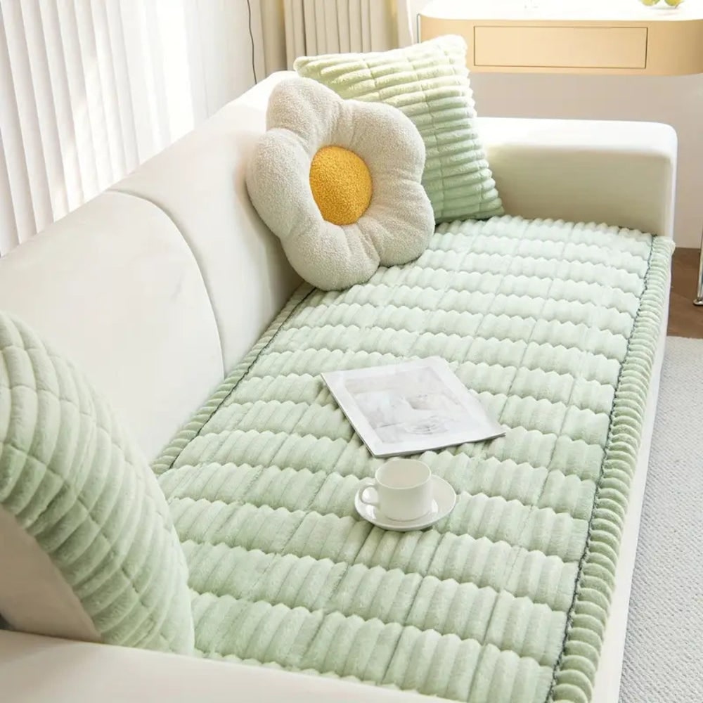 Sofa Couch Seat Cushion Cover with Pleated Edges Quilted Plush Non-Slip Protector