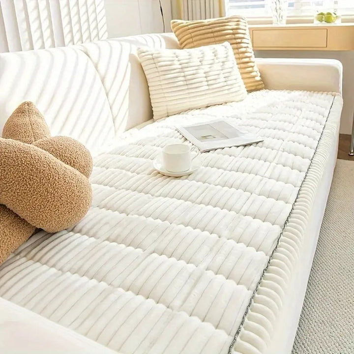 Sofa Couch Seat Cushion Cover with Pleated Edges Quilted Plush Non-Slip Protector