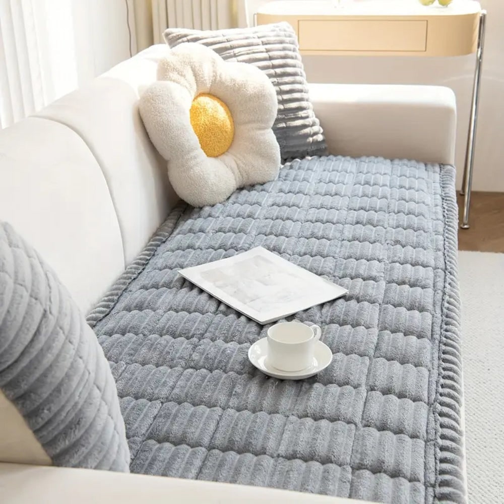 Sofa Couch Seat Cushion Cover with Pleated Edges Quilted Plush Non-Slip Protector