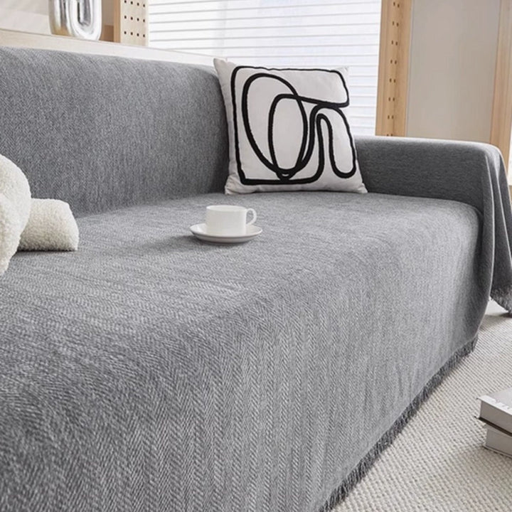 Sofa Throw Blanket with Woven Herringbone Pattern and Fringe Edges