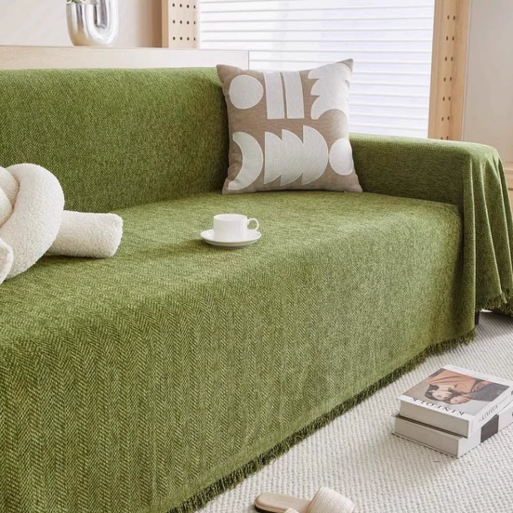 Sofa Throw Blanket with Woven Herringbone Pattern and Fringe Edges