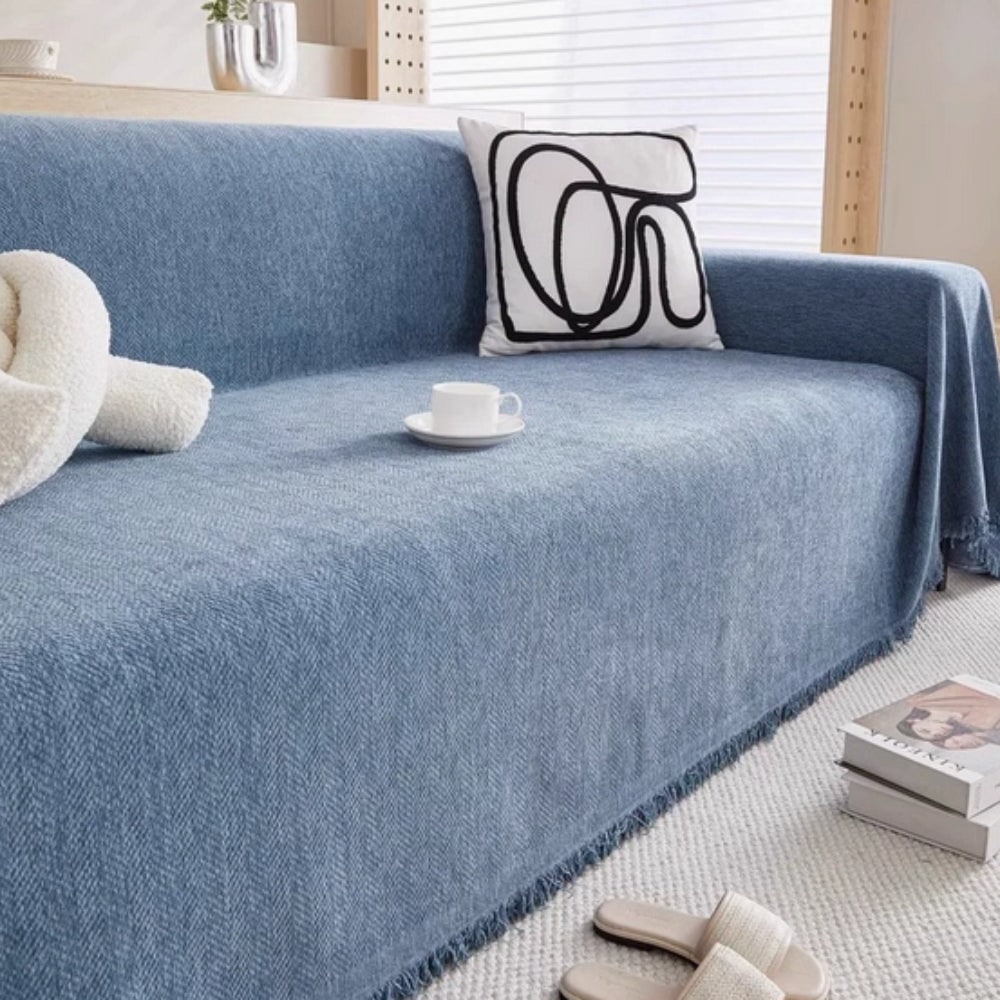 Sofa Throw Blanket with Woven Herringbone Pattern and Fringe Edges