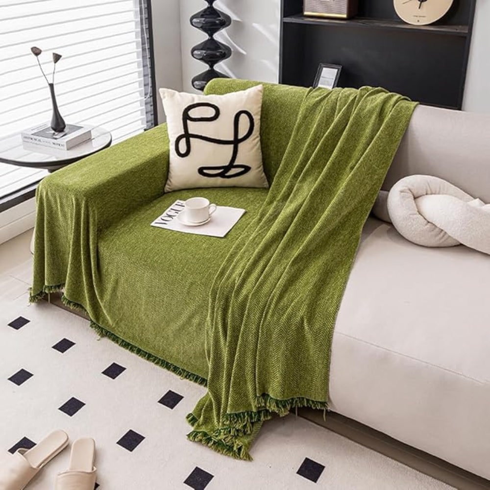 Sofa Throw Blanket with Woven Herringbone Pattern and Fringe Edges