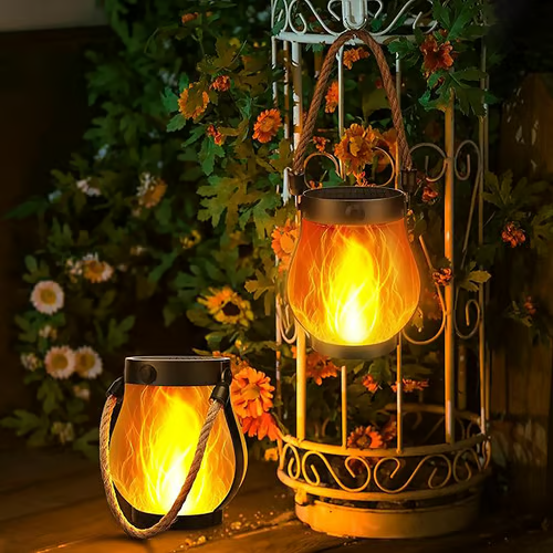 Solar Lantern with Flickering Flame Effect and Rope Handle for Garden Outdoor Lighting