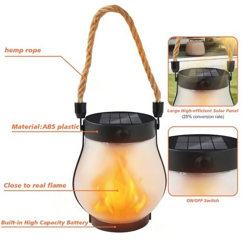 Solar Lantern with Flickering Flame Effect and Rope Handle for Garden Outdoor Lighting