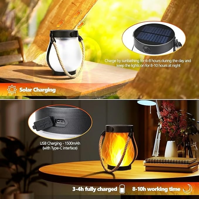 Solar Lantern with Flickering Flame Effect and Rope Handle for Garden Outdoor Lighting