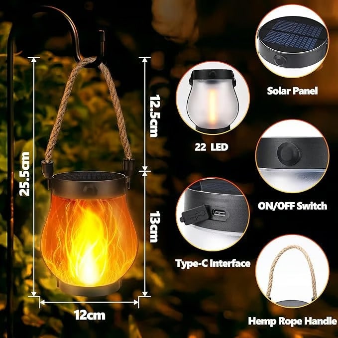 Solar Lantern with Flickering Flame Effect and Rope Handle for Garden Outdoor Lighting