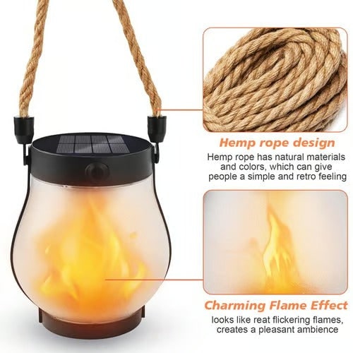 Solar Lantern with Flickering Flame Effect and Rope Handle for Garden Outdoor Lighting