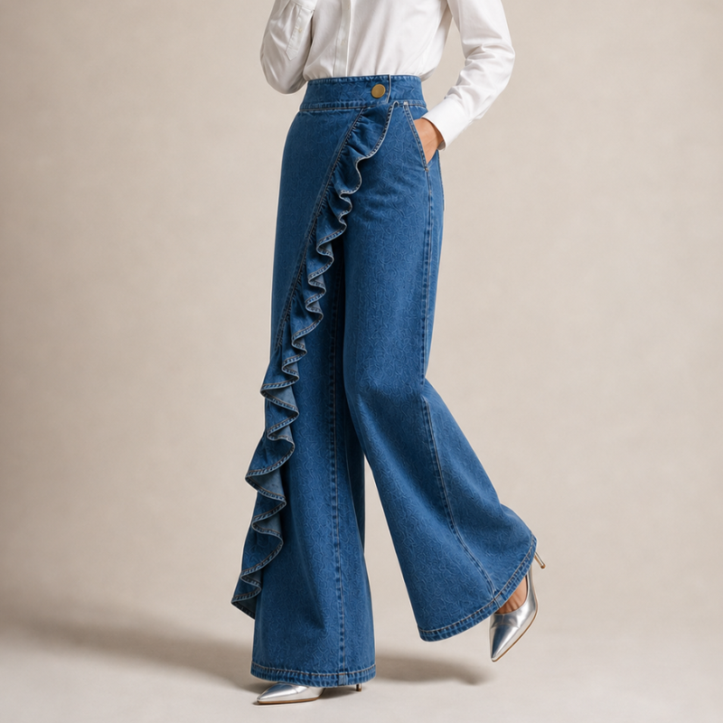 Wide-Leg Women's Jeans with Asymmetric Flounce in Culotte Style.