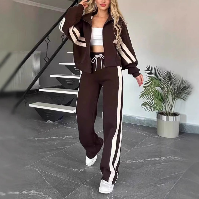 Women's leisure set with zip-up jacket and wide-leg pants with contrast stripes