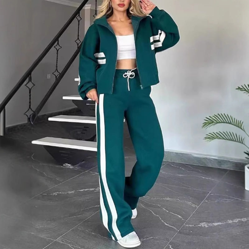 Women's leisure set with zip-up jacket and wide-leg pants with contrast stripes