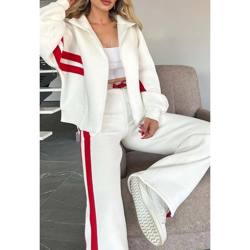 Women's leisure set with zip-up jacket and wide-leg pants with contrast stripes