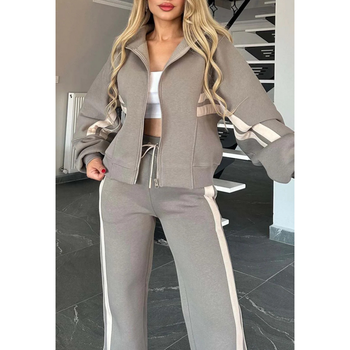 Women's leisure set with zip-up jacket and wide-leg pants with contrast stripes