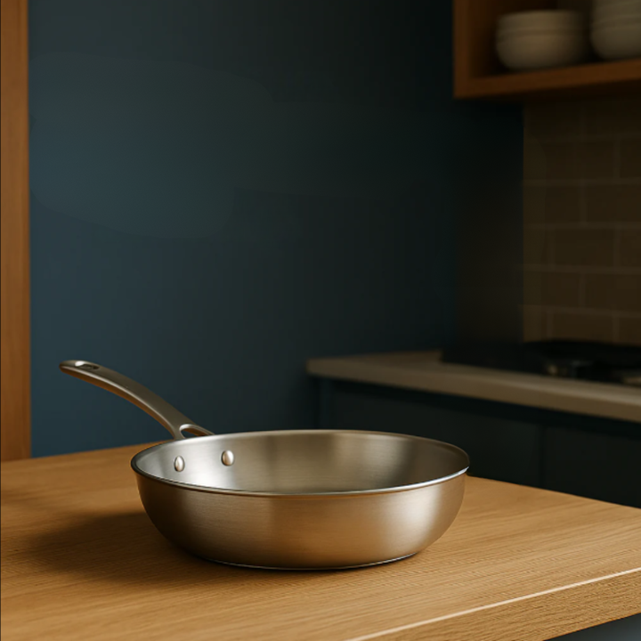 Stainless Steel Frying Pan with Hammered Interior and Riveted Handle