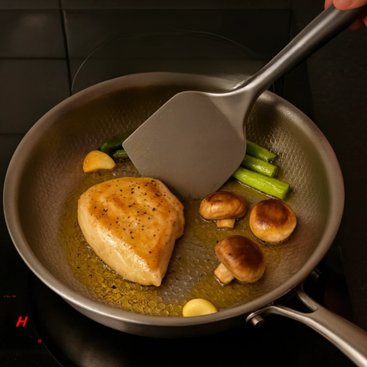 Stainless Steel Frying Pan with Hammered Interior and Riveted Handle