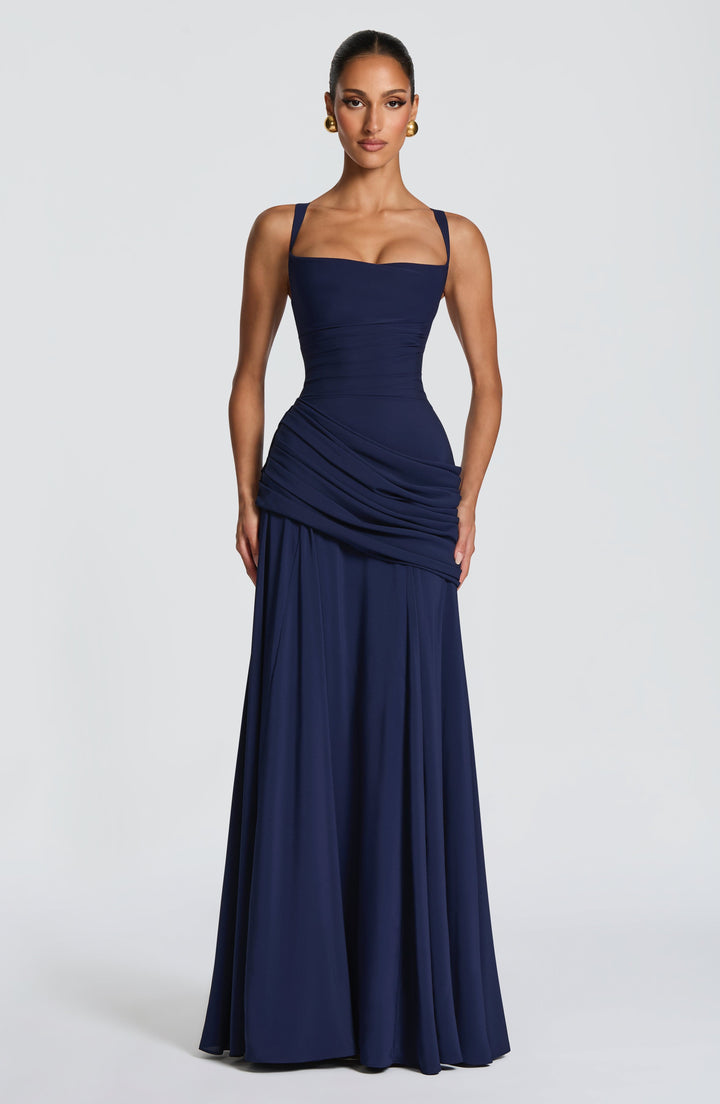 Destiny Chiffon Maxi Dress with Waterfall Neckline and Lace-Up Back