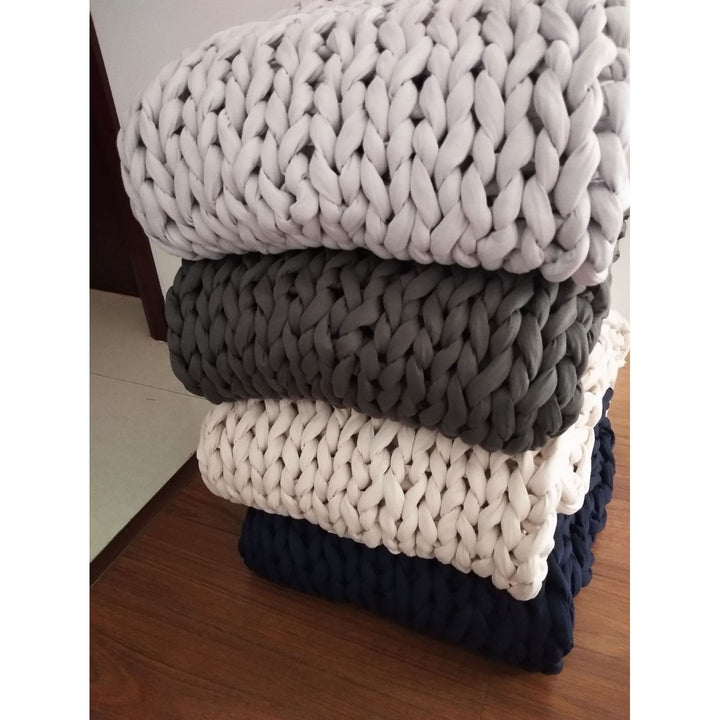 Throw Blanket Weighted Chunky Knit with Hand-Woven Texture and Braided Edges Woven