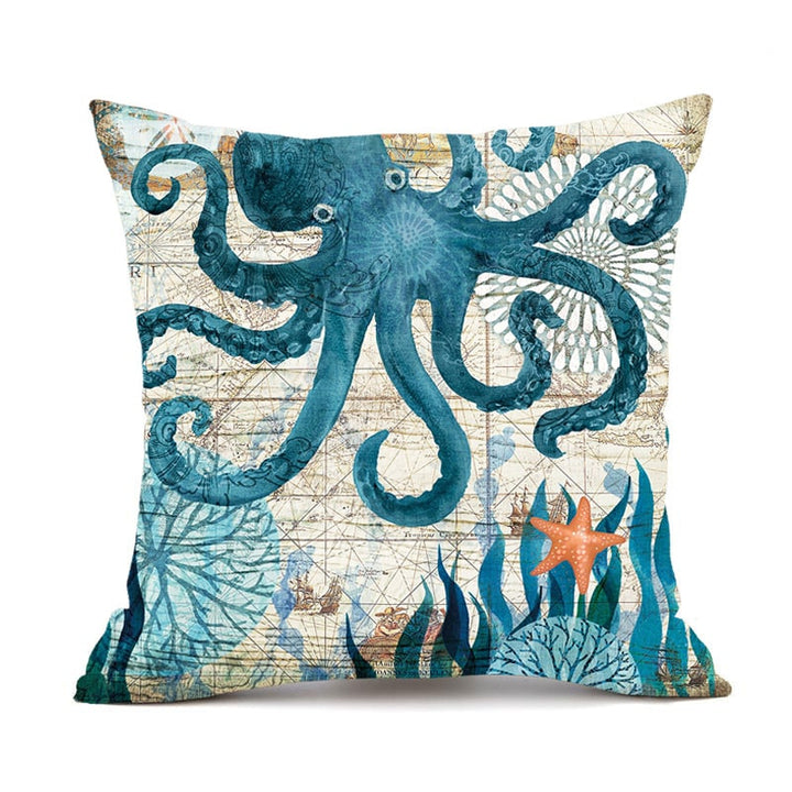 Throw Pillow Covers and Couch Cushion with Decorative Marine Life Prints Square Linen Set of 4