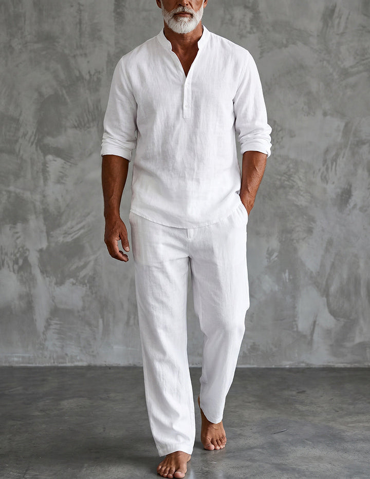 Men's Linen Henley Shirt and Relaxed Pants Two-Piece Set