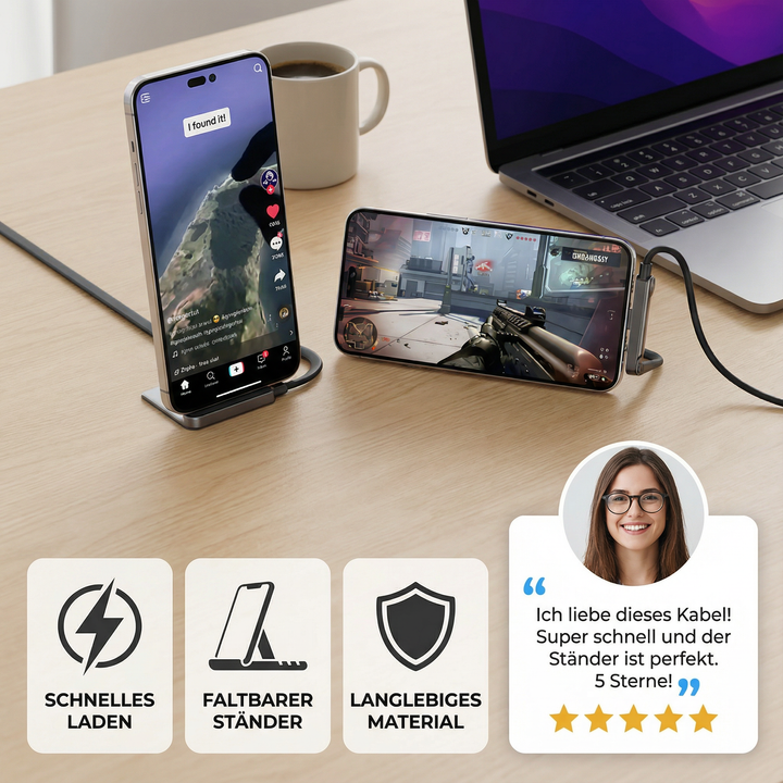 Usb-C Charging Cable with Integrated Folding Phone Stand and Braided Nylon Design