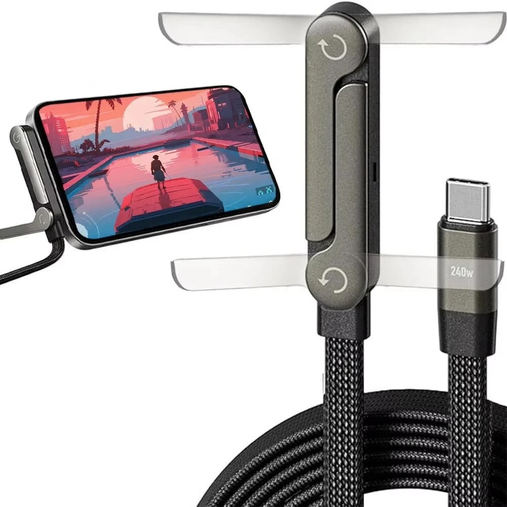 Usb-C Charging Cable with Integrated Folding Phone Stand and Braided Nylon Design