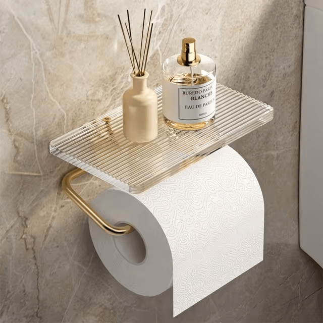Wall-Mounted Toilet Paper Holder with Acrylic Shelf and Metal Arm Storage