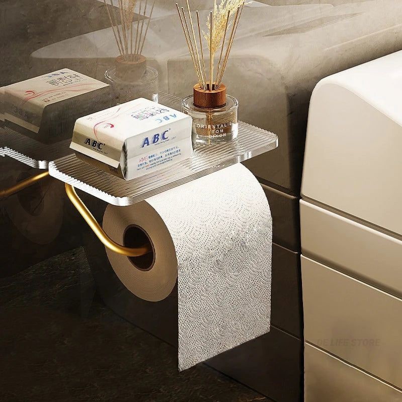 Wall-Mounted Toilet Paper Holder with Acrylic Shelf and Metal Arm Storage