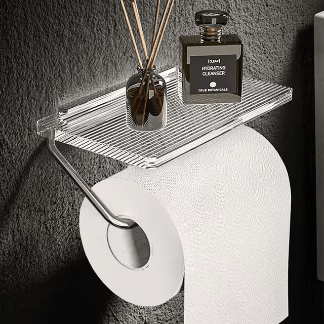 Wall-Mounted Toilet Paper Holder with Acrylic Shelf and Metal Arm Storage