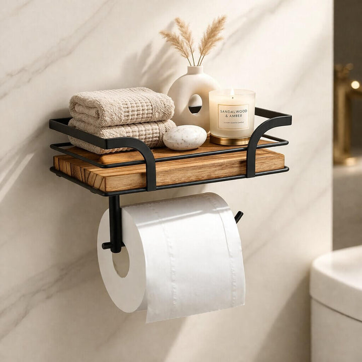 Wall-Mounted Toilet Paper Holder with Shelf for Phone and Wipes