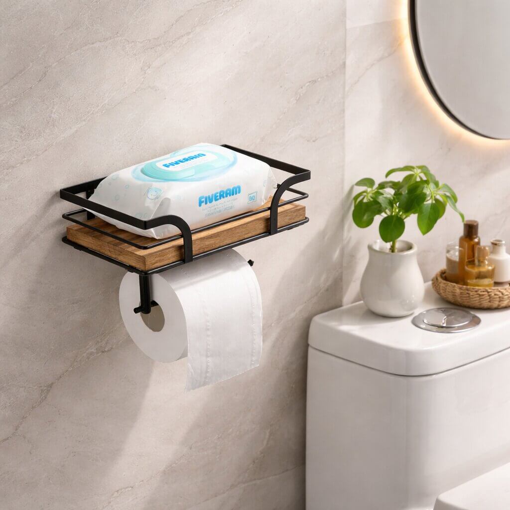 Wall-Mounted Toilet Paper Holder with Shelf for Phone and Wipes