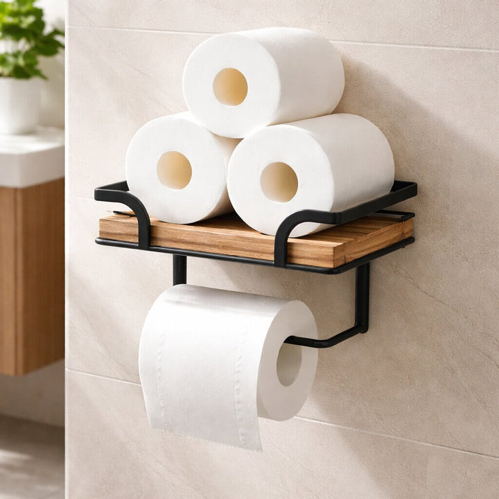 Wall-Mounted Toilet Paper Holder with Shelf for Phone and Wipes